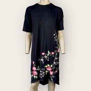 ASOS Embroidered Floral Short Sleeves T Shirt Dress High Low Hem Size 4 Black